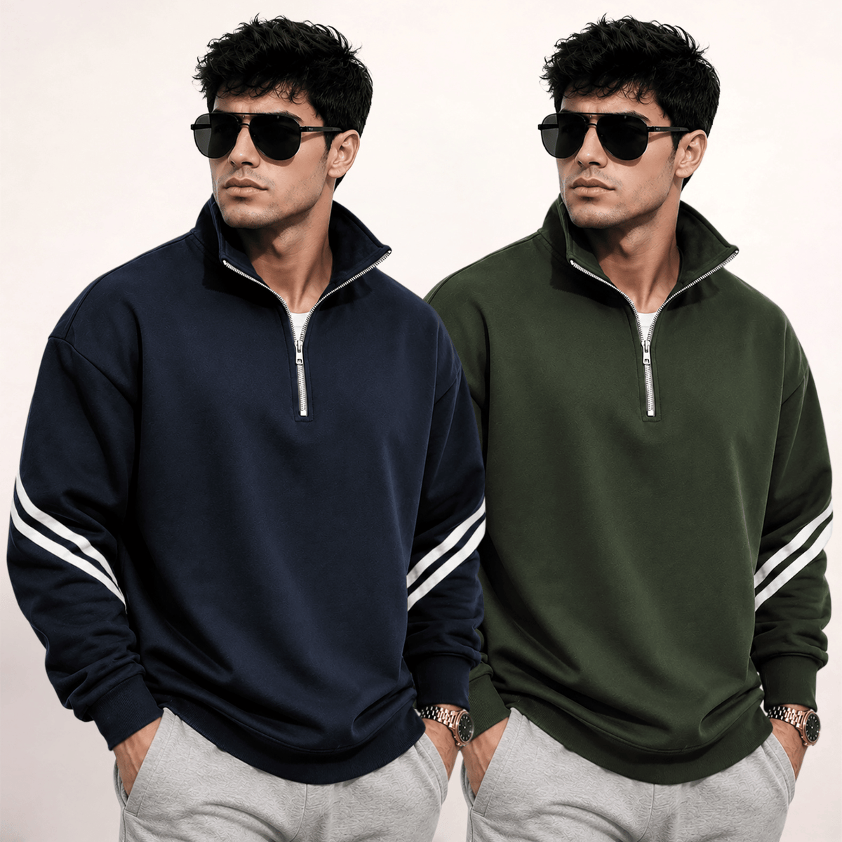 (Pack Of 2) High Neck Striped Sleeve Winter Sweatshirts