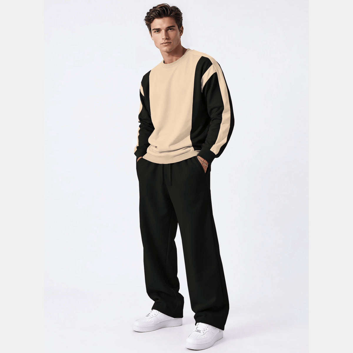 Tracksuit Men Round Neck Colorblocked Sweatshirt Plain Baggy Trackpants