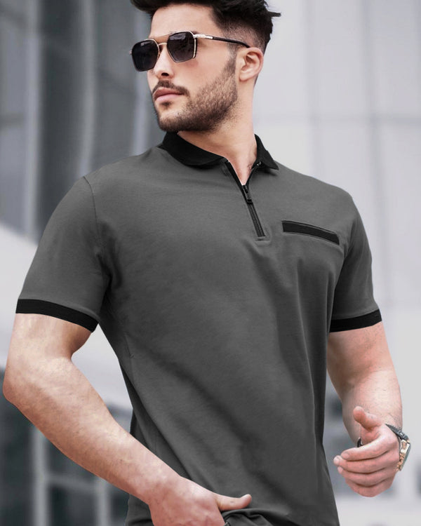 Men Zip Polo Grey-Black Contrast T-shirt