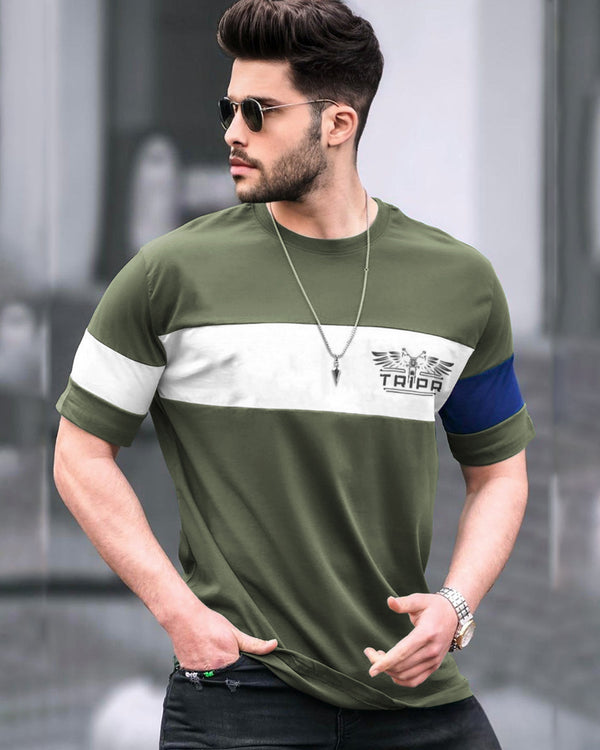 model wearing olive green striped tshirt with black coolers 