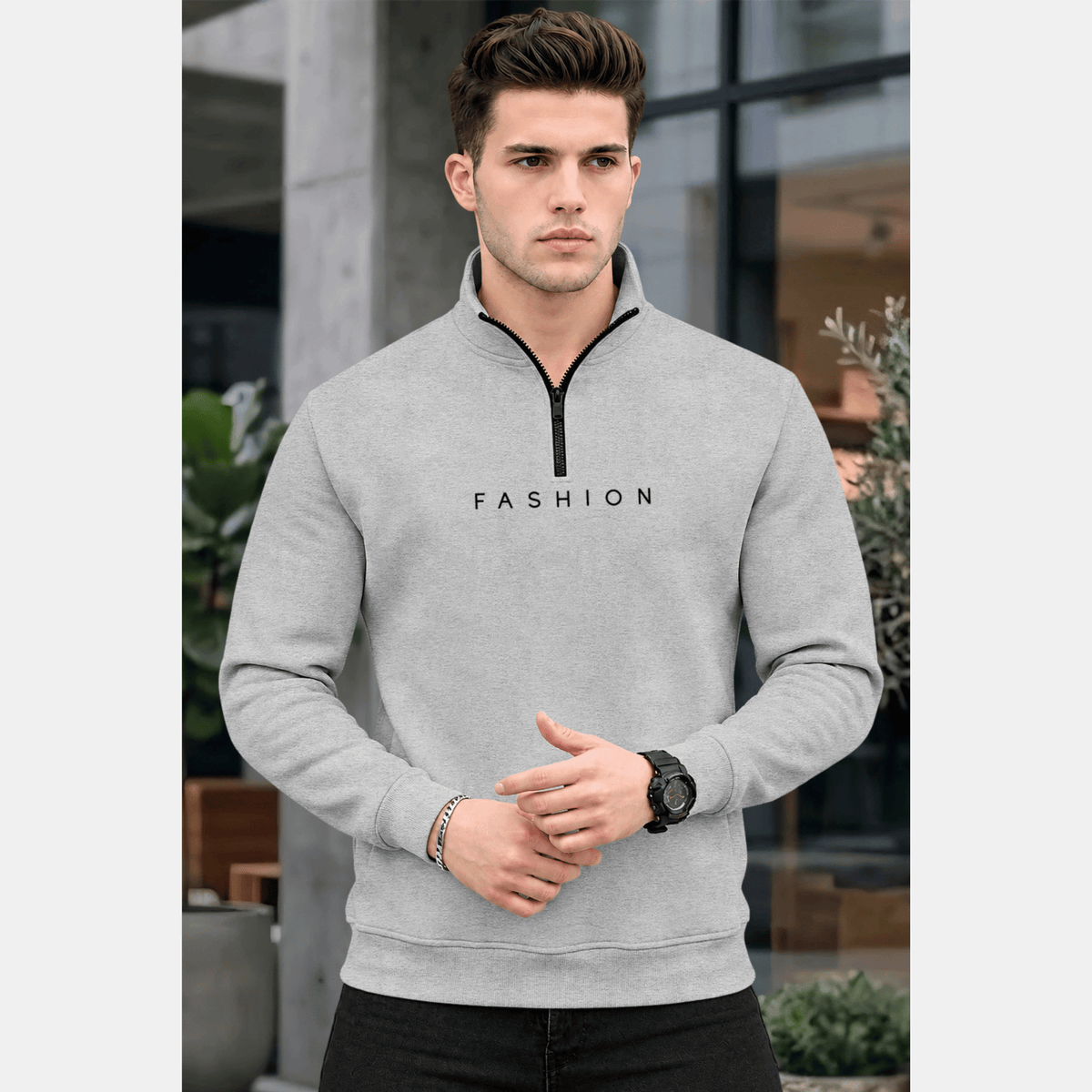 Men Quarter Zip High Neck Plain Winter Sweatshirts