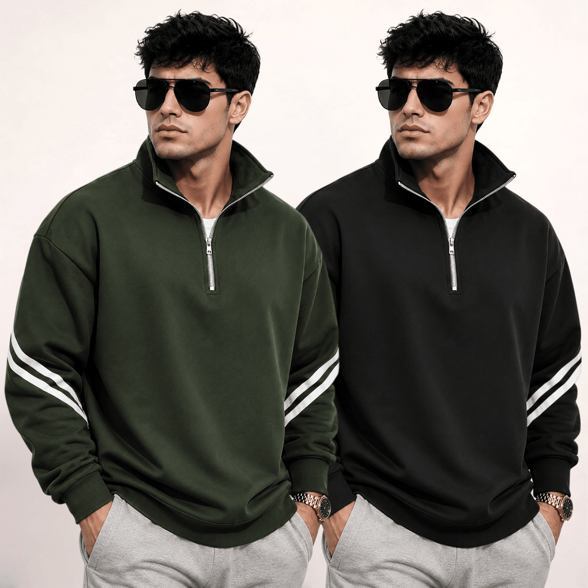 (Pack Of 2) High Neck Striped Sleeve Winter Sweatshirts