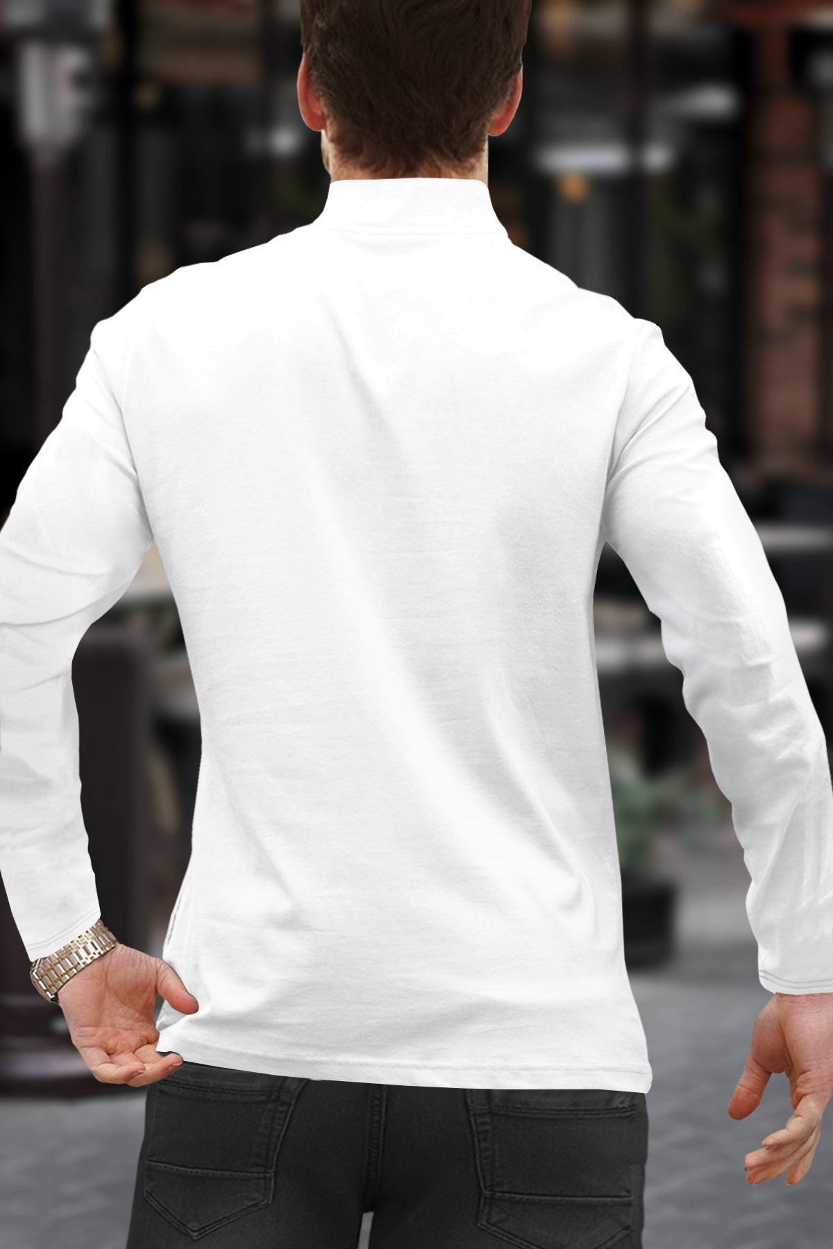 Men Solid Zip High Neck White T-Shirt