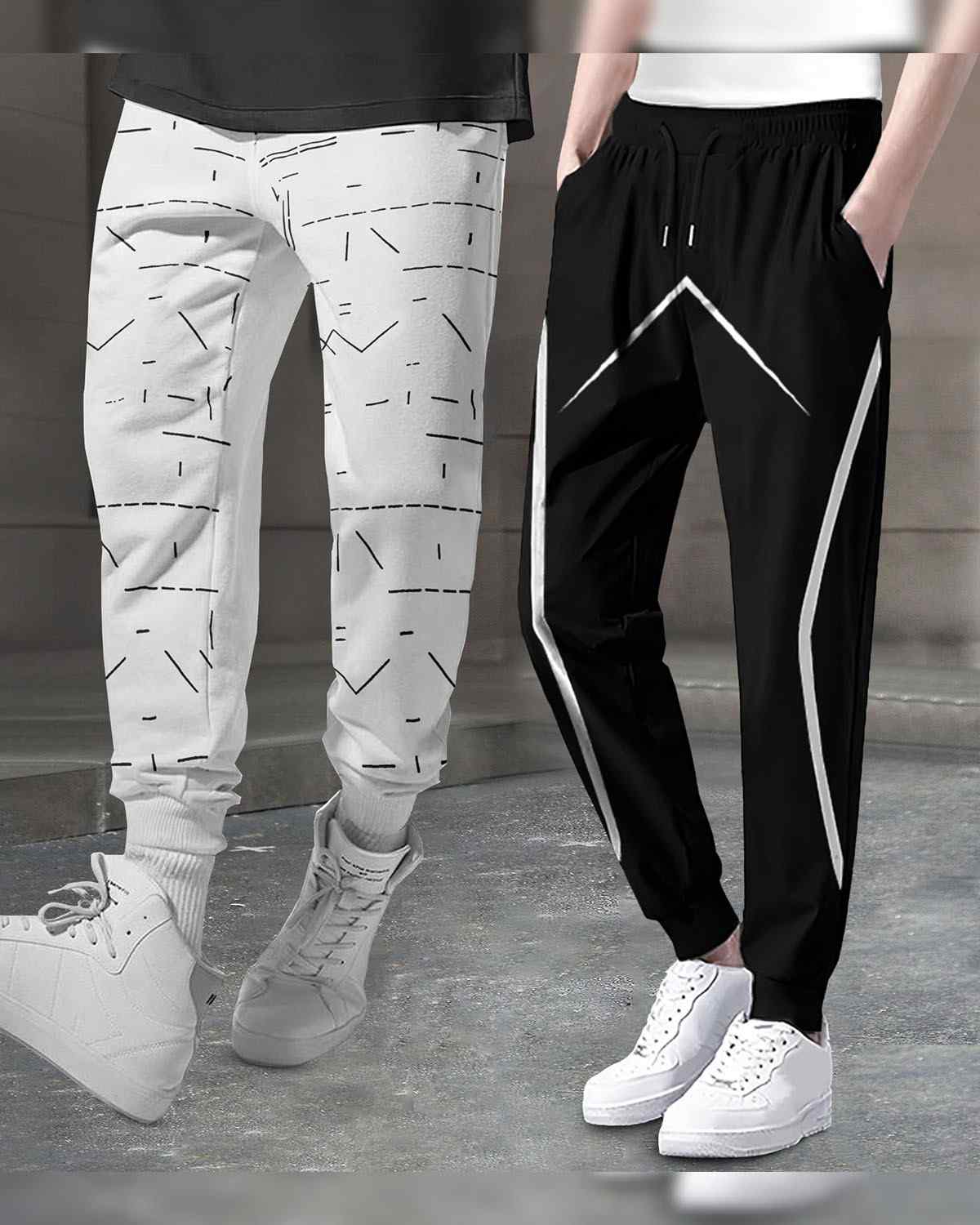 (Pack Of 2) Men Printed White & Black Trackpants