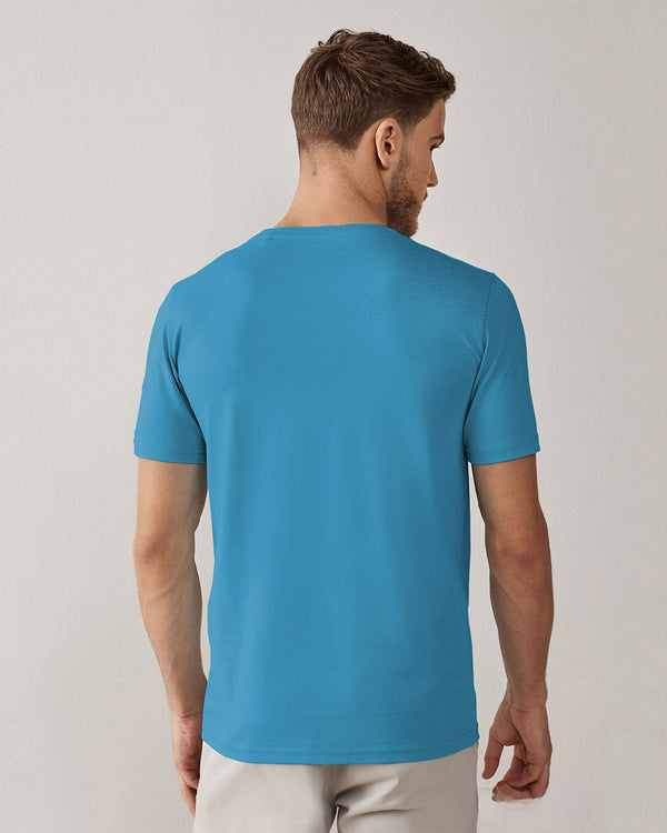 sky blue round neck half sleeve tshirt for men back view