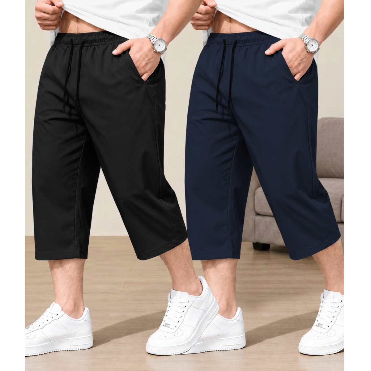 (Pack Of 2) Men Plain Three Fourth Shorts