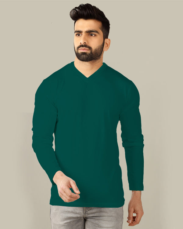 dark green solid plain full sleeve v neck tshirt for men