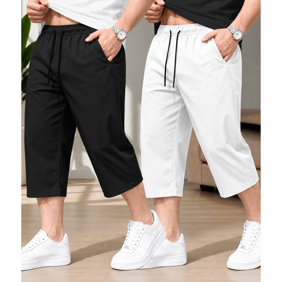 (Pack Of 2) Men Plain Three Fourth Shorts