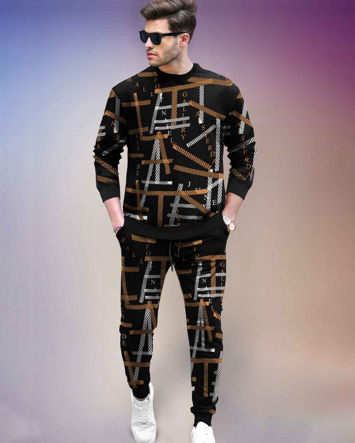 Track Suit Black-Brown Full Sleeve All Over Print T-shirt & Printed Trackpant