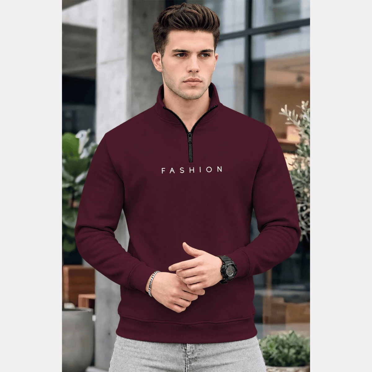 Men Quarter Zip High Neck Plain Winter Sweatshirts