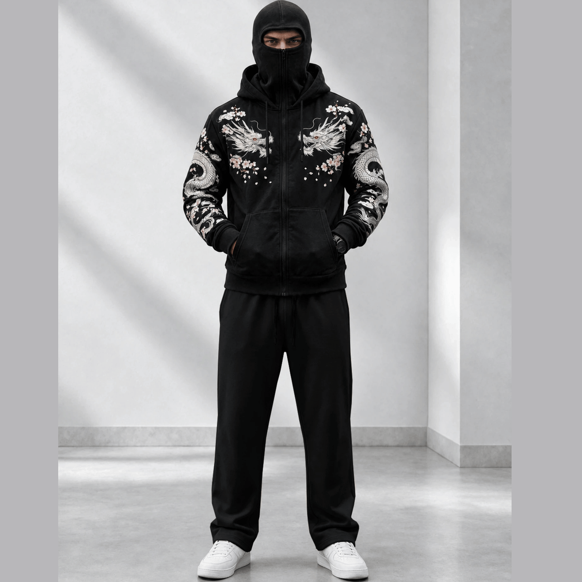 Tracksuit Hooded Mask Printed Jackets And Plain Baggy Trackpants