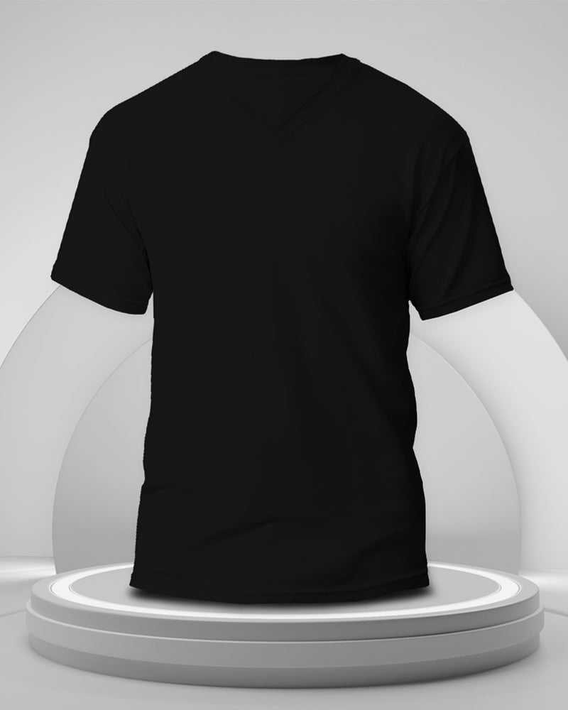 black solid v neck tshirt for men model view