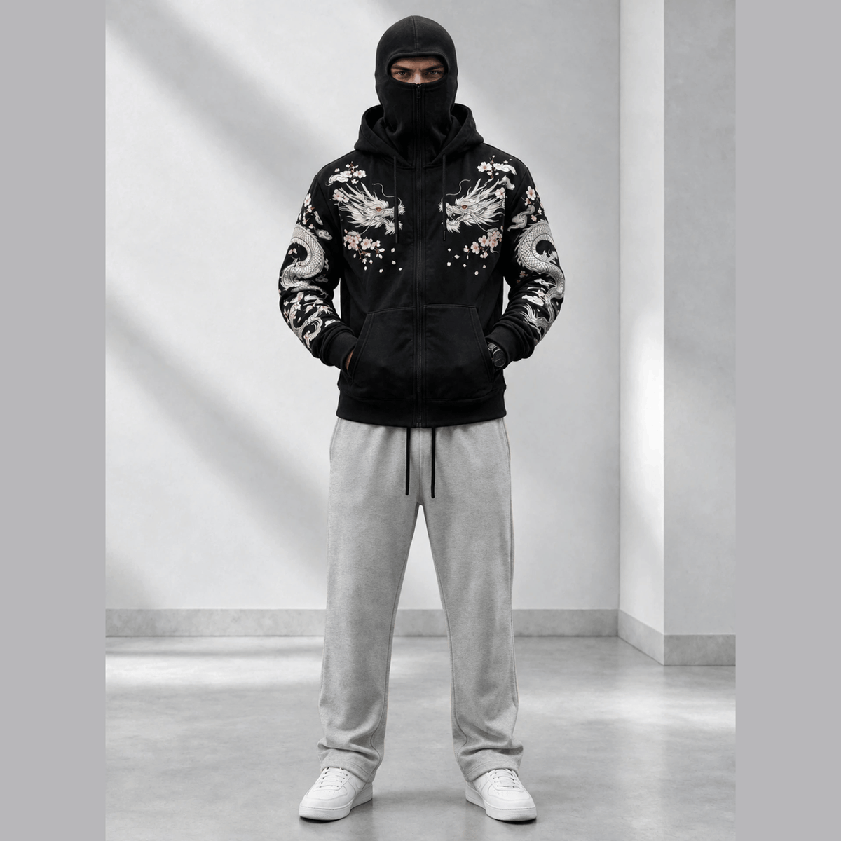 Tracksuit Hooded Mask Printed Jackets And Plain Baggy Trackpants