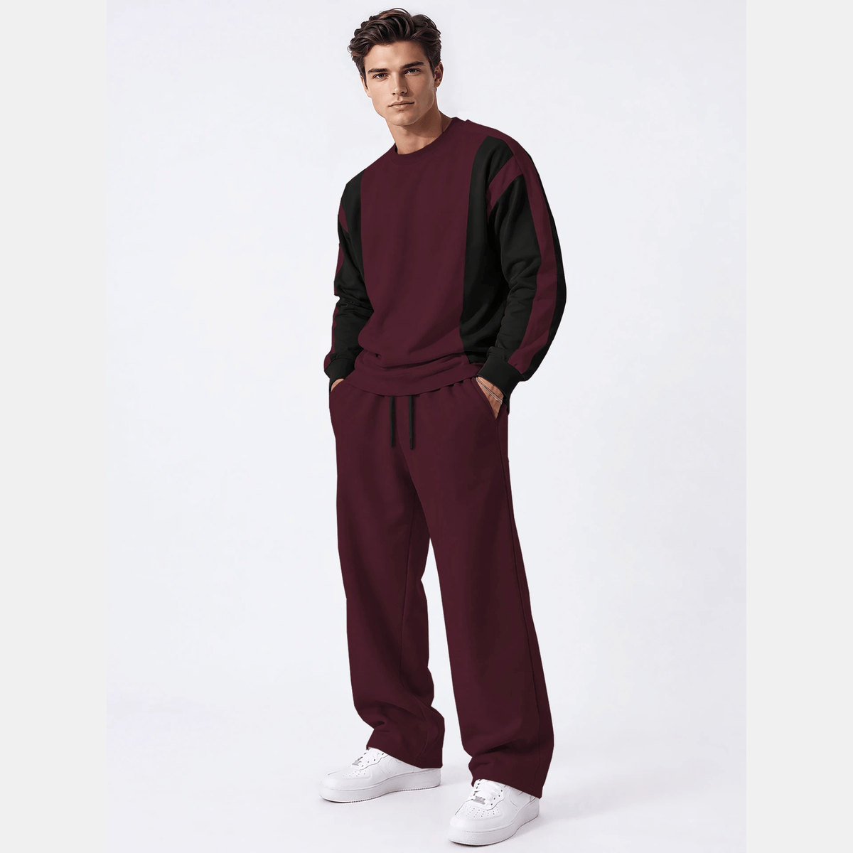 Tracksuit Men Round Neck Colorblocked Sweatshirt Plain Baggy Trackpants