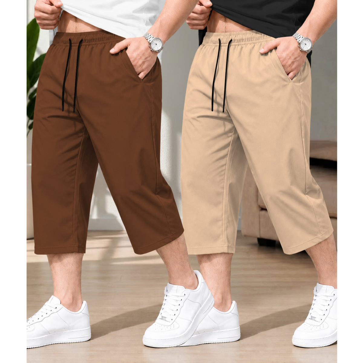 (Pack Of 2) Men Plain Three Fourth Shorts