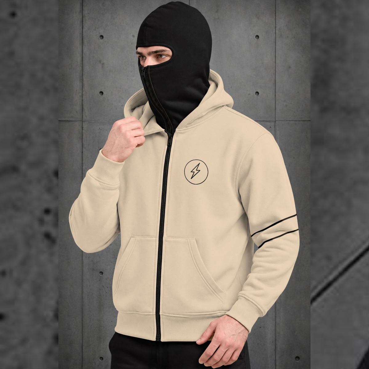 Mens Beige Double Mask Zip-Up Winter Jacket