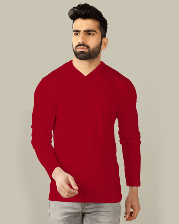 bold red v neck full sleeve tshirt for men 
