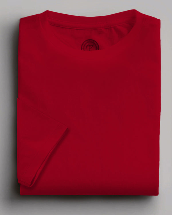 red colour solid full sleeve round neck tshirt for men folded view