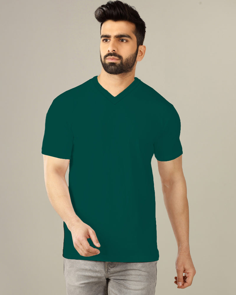 dark green solid half sleeve v neck tshirt for men