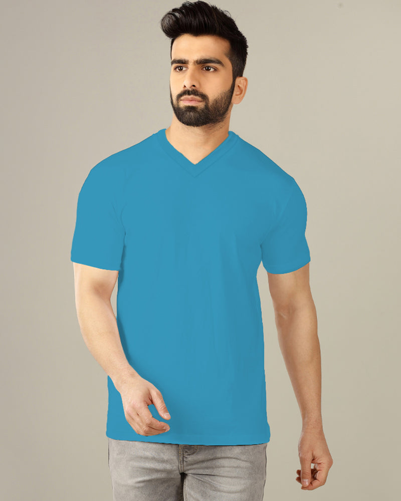 sky blue solid plain half sleeve v neck tshirt for men