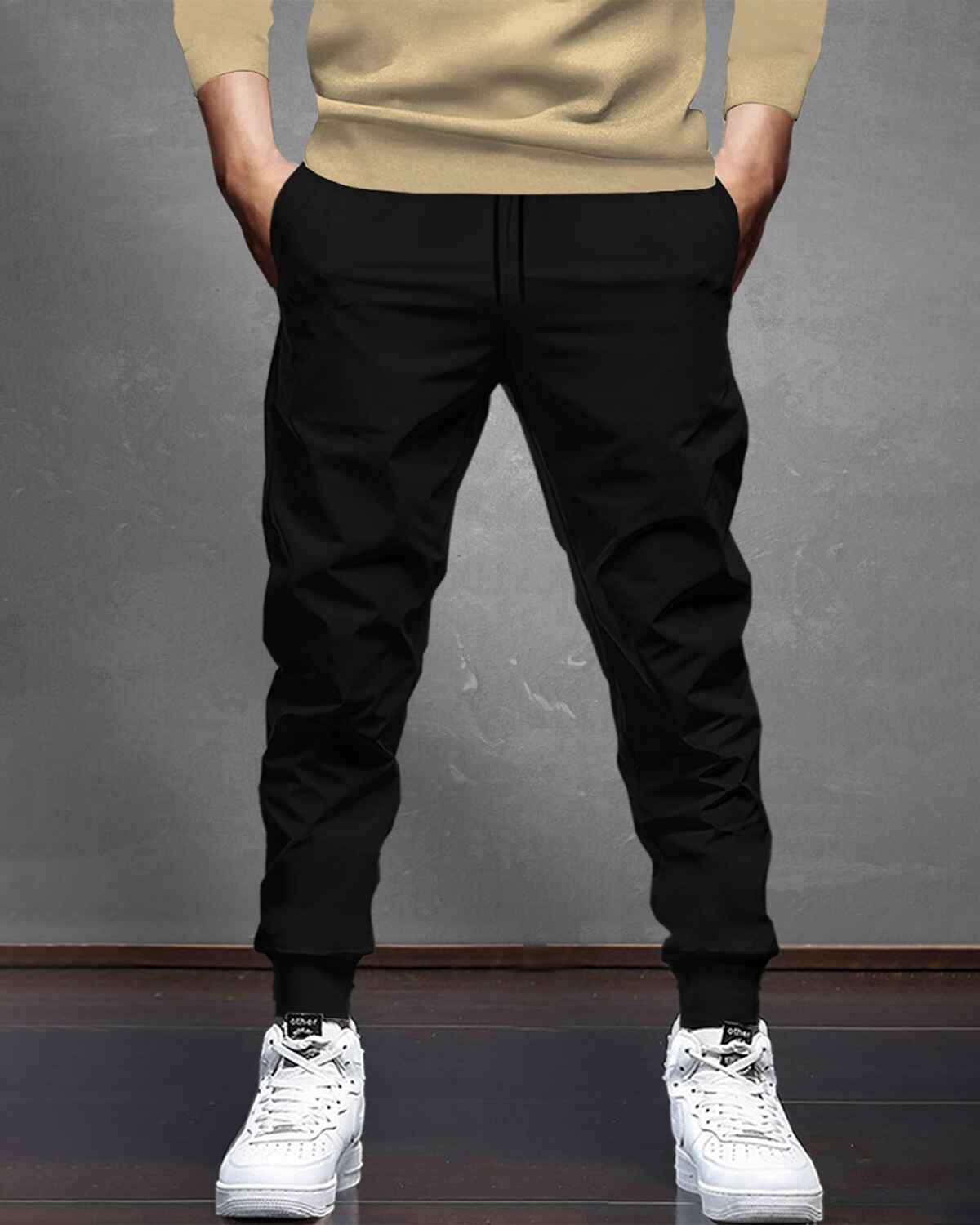 Tracksuit For Men Beige Hooded Full Sleeve T-shirt Black Plain Trackpant
