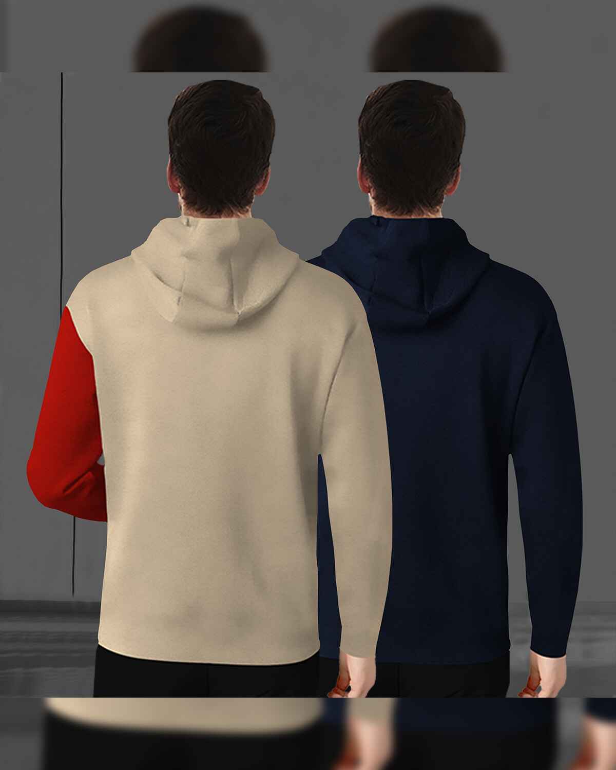 (Pack Of 2) Mens Printed Hooded Full Sleeve T-shirt Beige & Navyblue