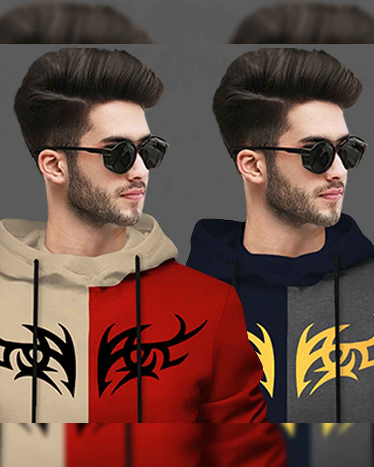 (Pack Of 2) Mens Printed Hooded Full Sleeve T-shirt Beige & Navyblue