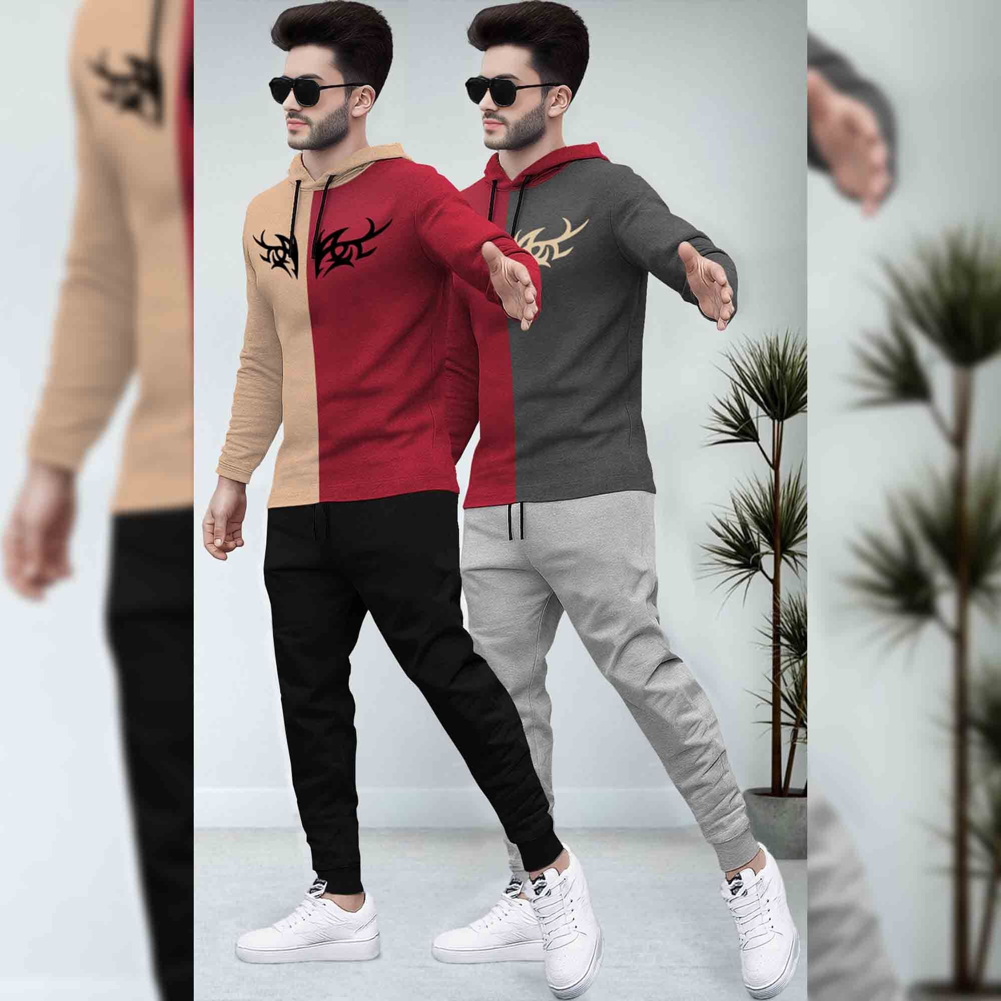 (Pack Of 2) Printed Tracksuit Beige & Red Hooded T-shirts - Matching Plain Trackpants