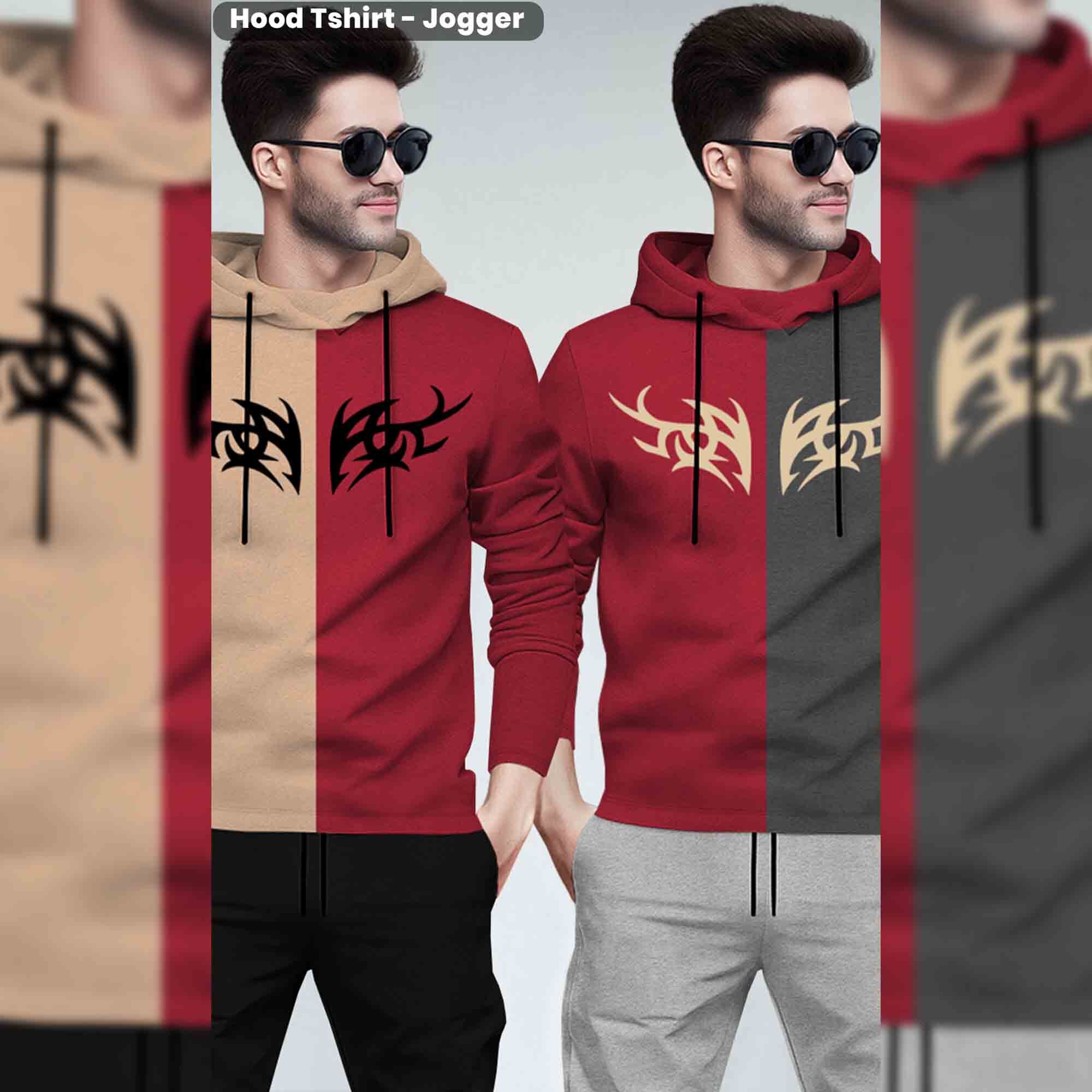 (Pack Of 2) Printed Tracksuit Beige & Red Hooded T-shirts - Matching Plain Trackpants