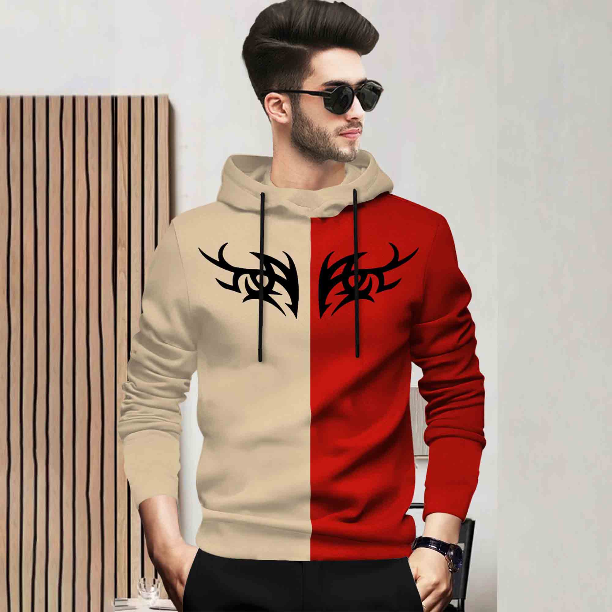 Mens Full Sleeve Hooded Neck Dual Color Printed T-shirt - 7 Variants