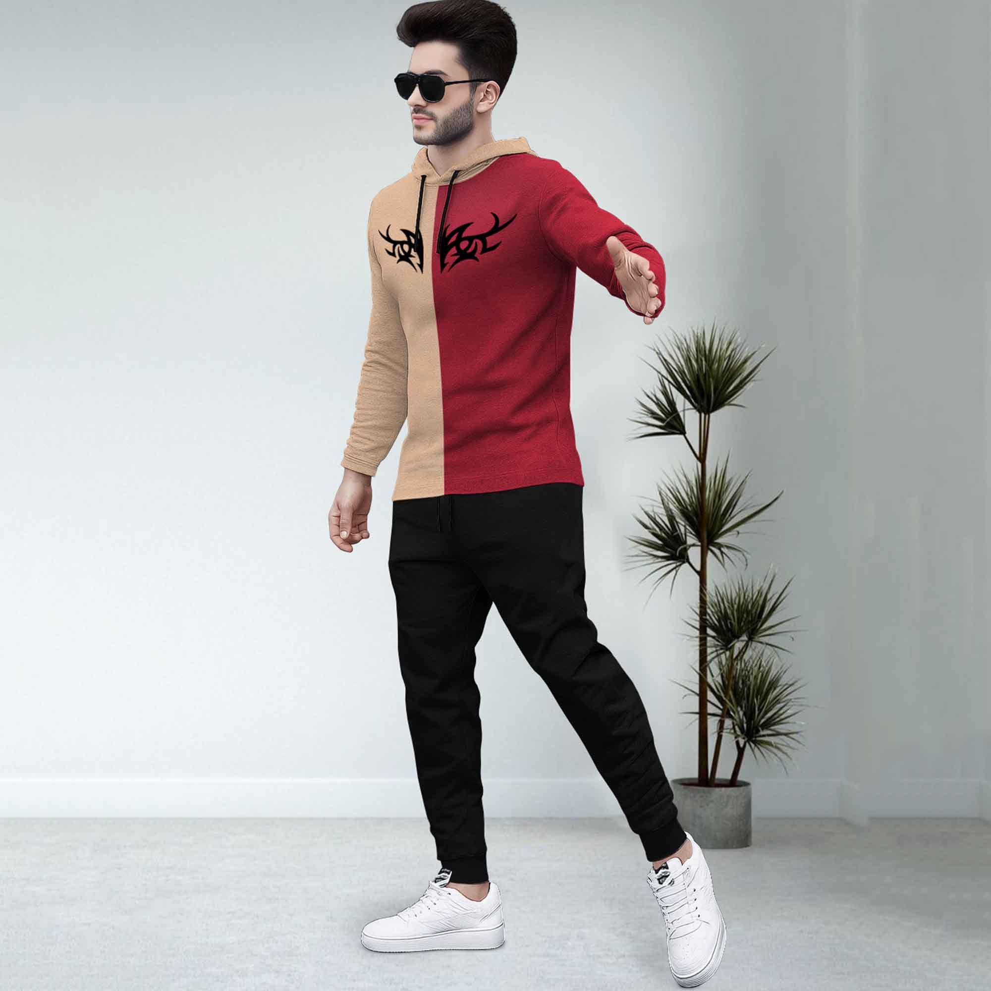 Dual Color Beige T-shirt With Matching TrackPant Hoodie Tracksuit