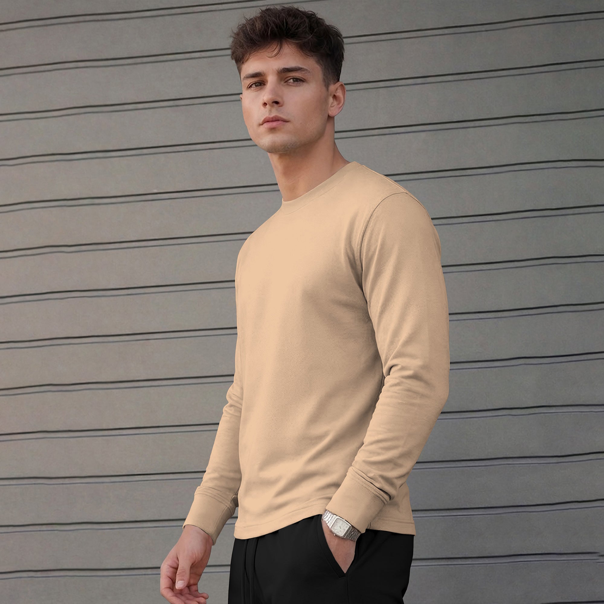 Mens Round Neck Full Sleeve Plain Beige T-shirt