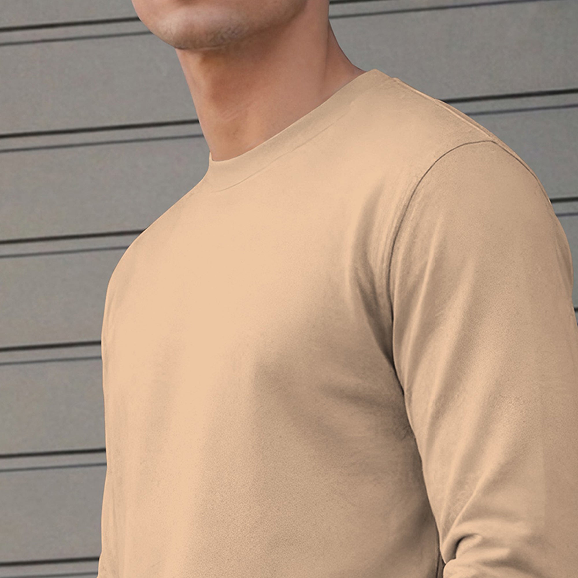 Mens Round Neck Full Sleeve Plain Beige T-shirt