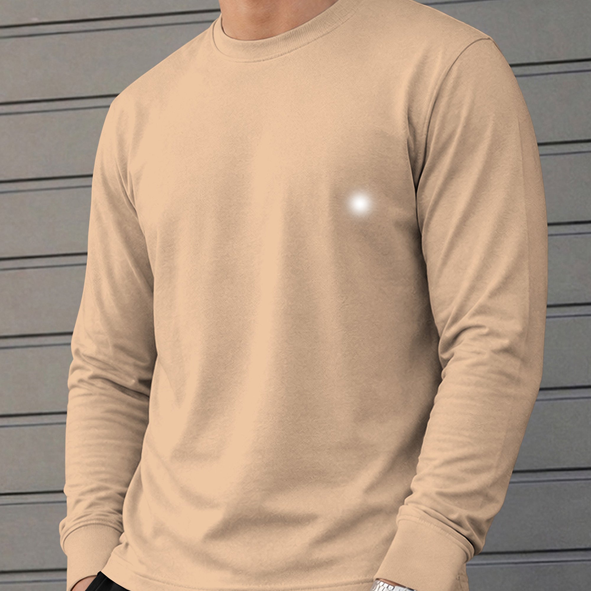 Mens Round Neck Full Sleeve Plain Beige T-shirt