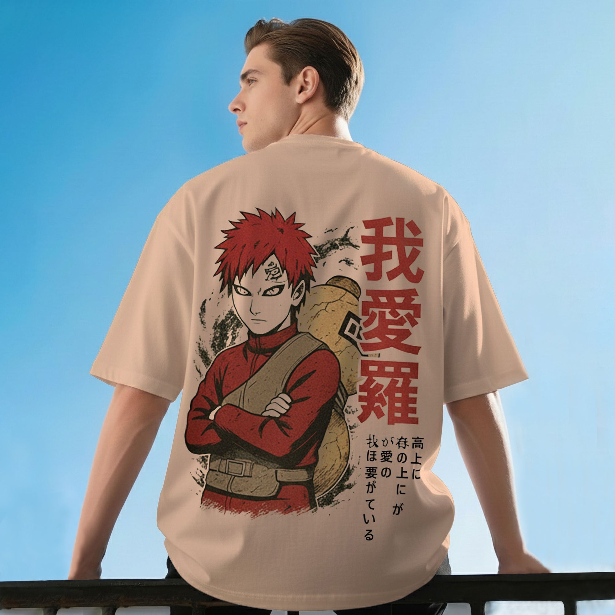Mens Naruto Anime Back Printed Beige Oversized Tshirt