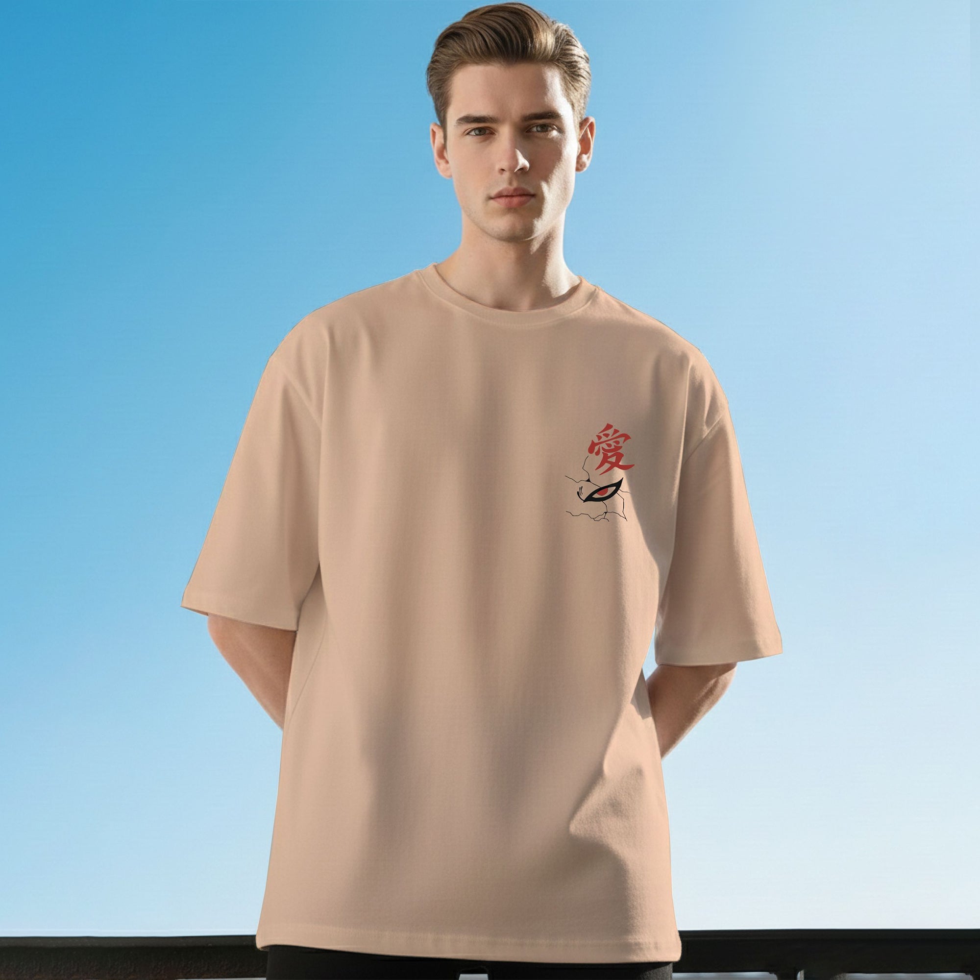 Mens Naruto Anime Back Printed Beige Oversized Tshirt