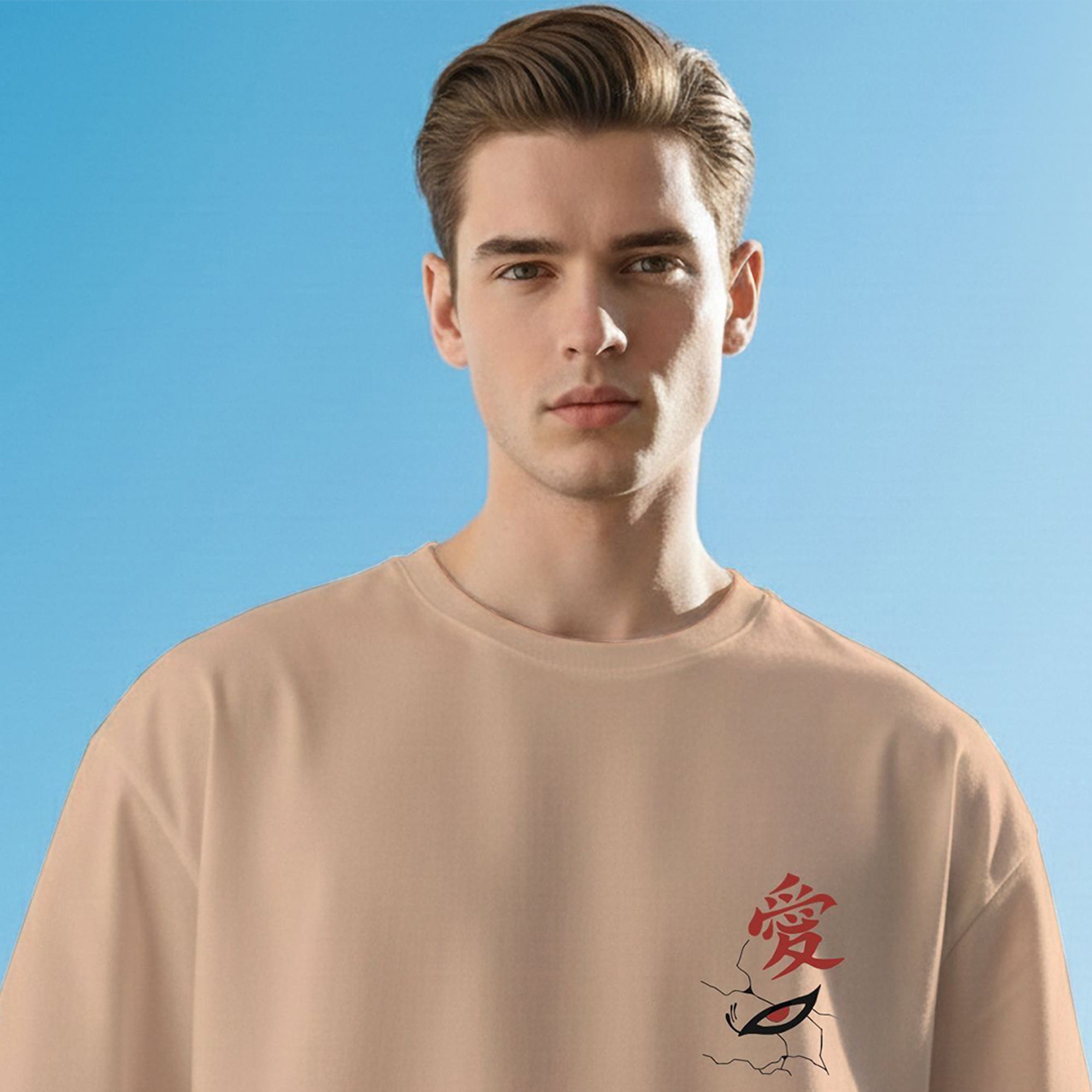 Mens Naruto Anime Back Printed Beige Oversized Tshirt