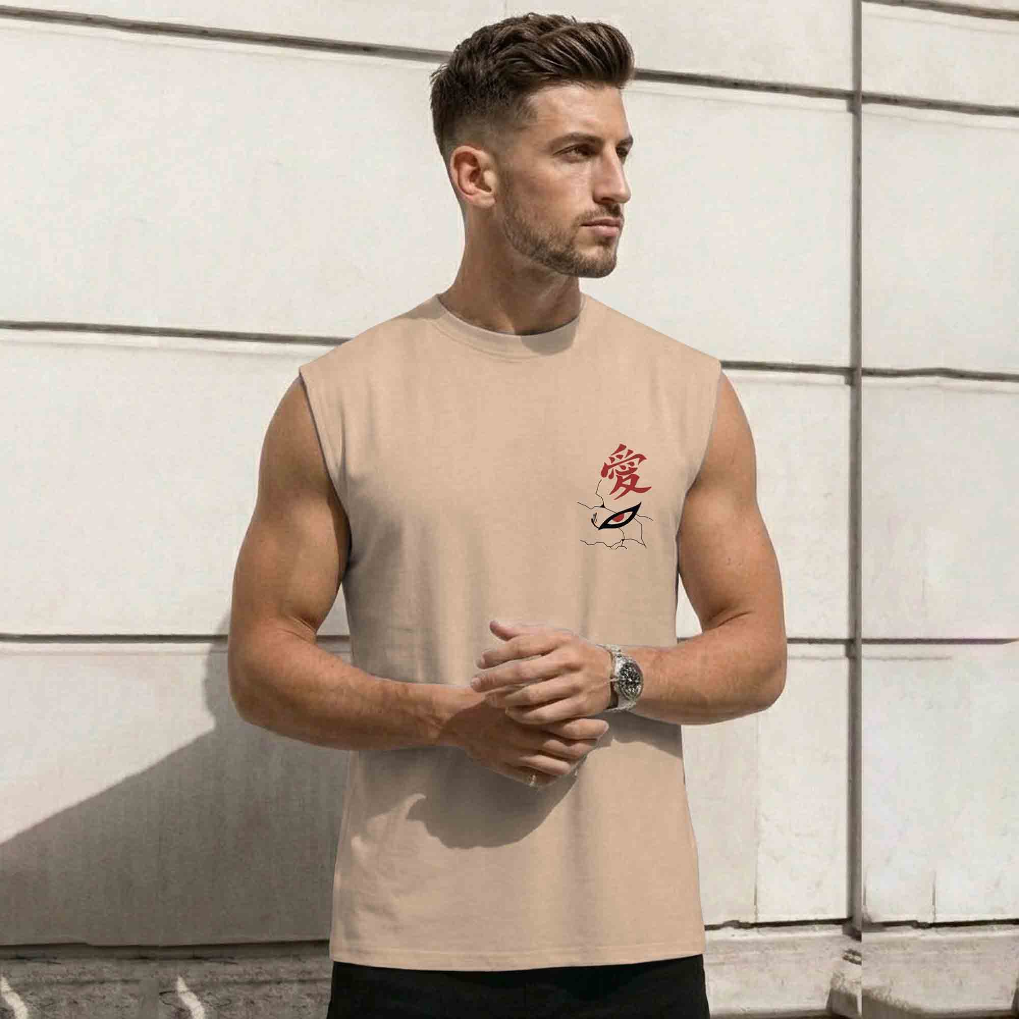 Men Graphic Design Back Printed Vest Beige