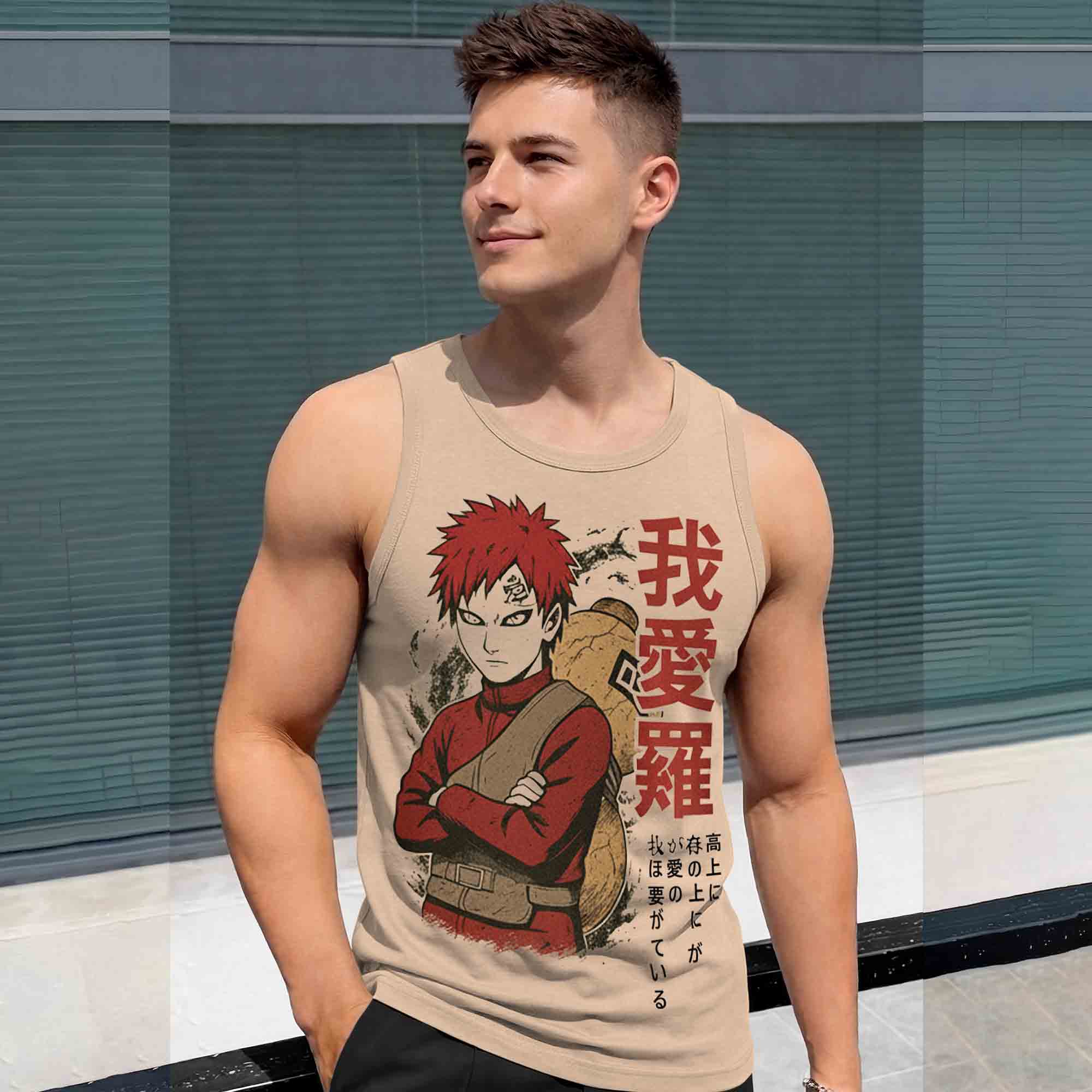 Men Scoop Neck Graphic Design Printed Vest Beige
