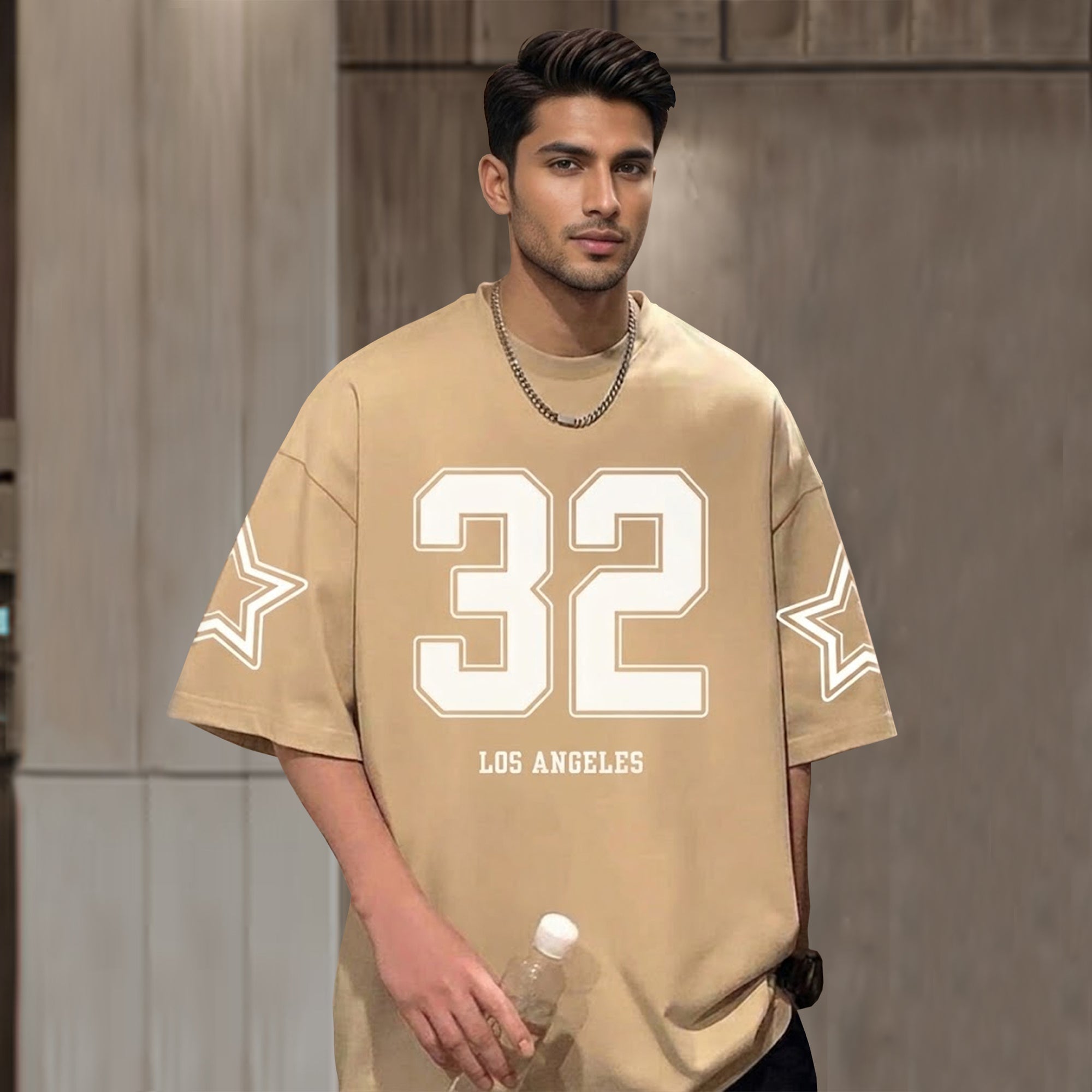 Men Oversized 'Los Angeles' Printed Tshirt Beige