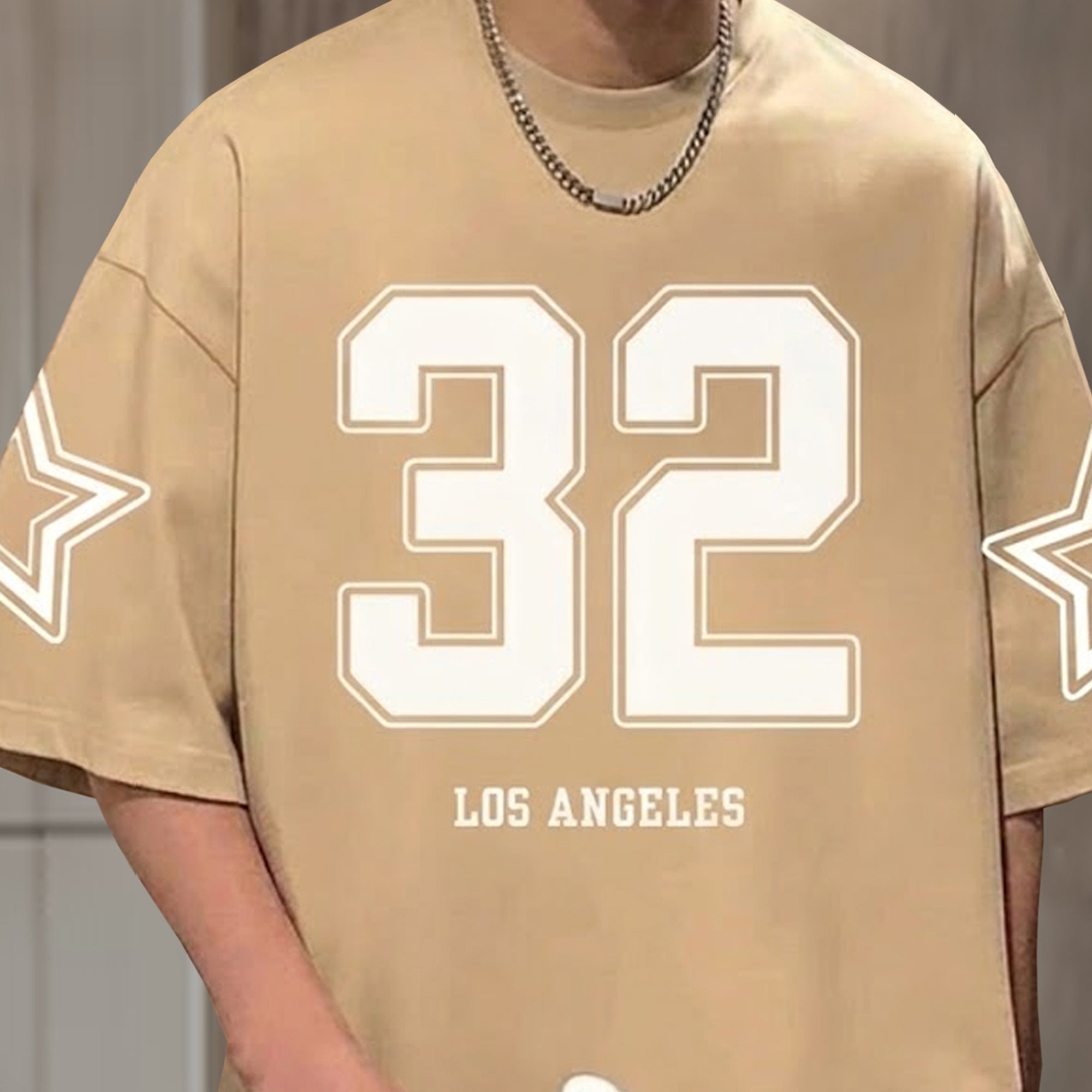 Men Oversized 'Los Angeles' Printed Tshirt Beige