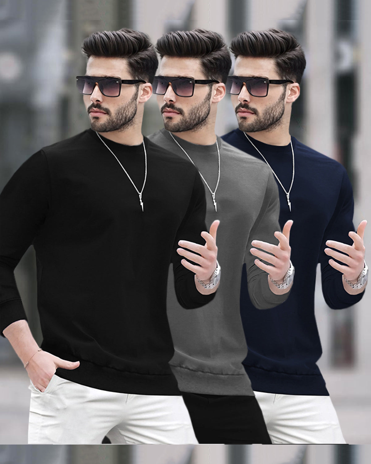 Mens Round Neck Full Sleeve Plain T-shirts (Pack Of 3)