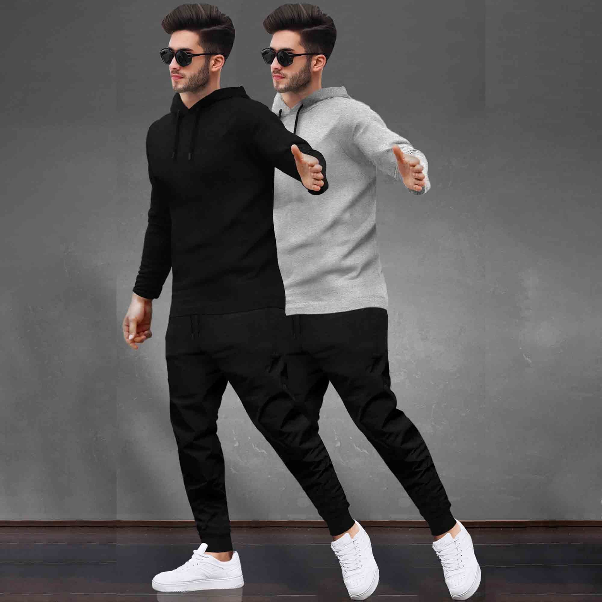 (Pack Of 2) Tracksuit Black & Grey Hooded T-shirts / Matching Trackpants