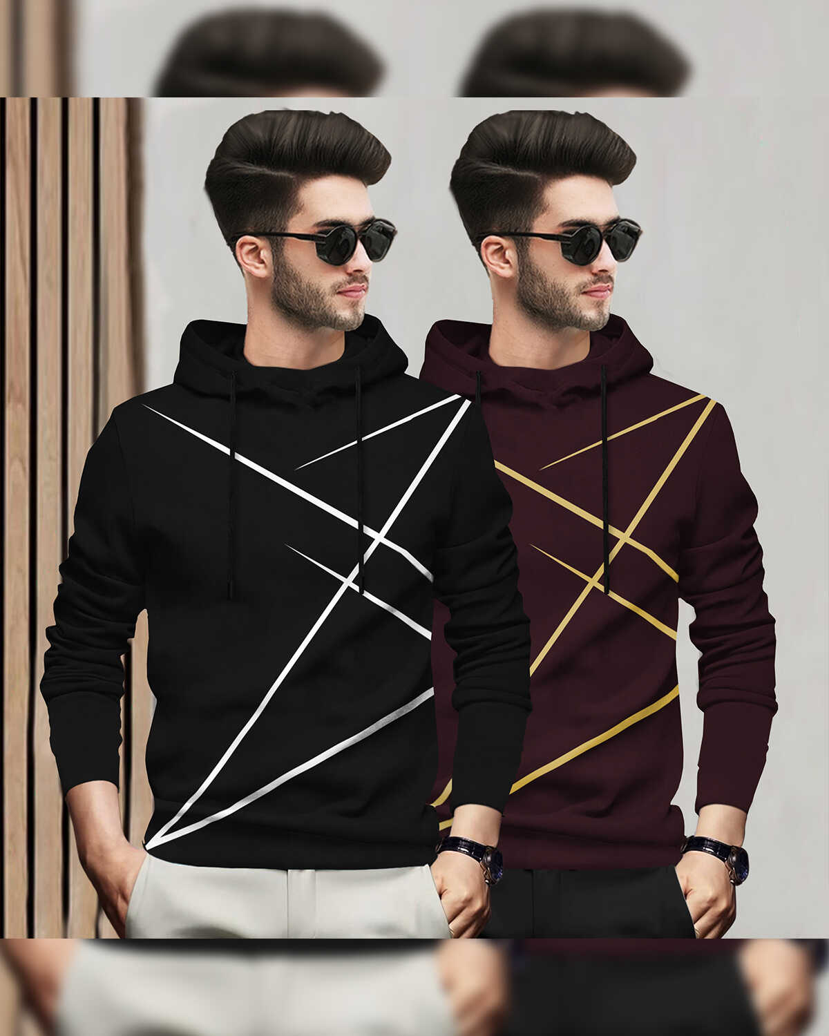 (Pack Of 2) Mens Full Sleeve Hooded Neck Printed T-shirt Black & Maroon