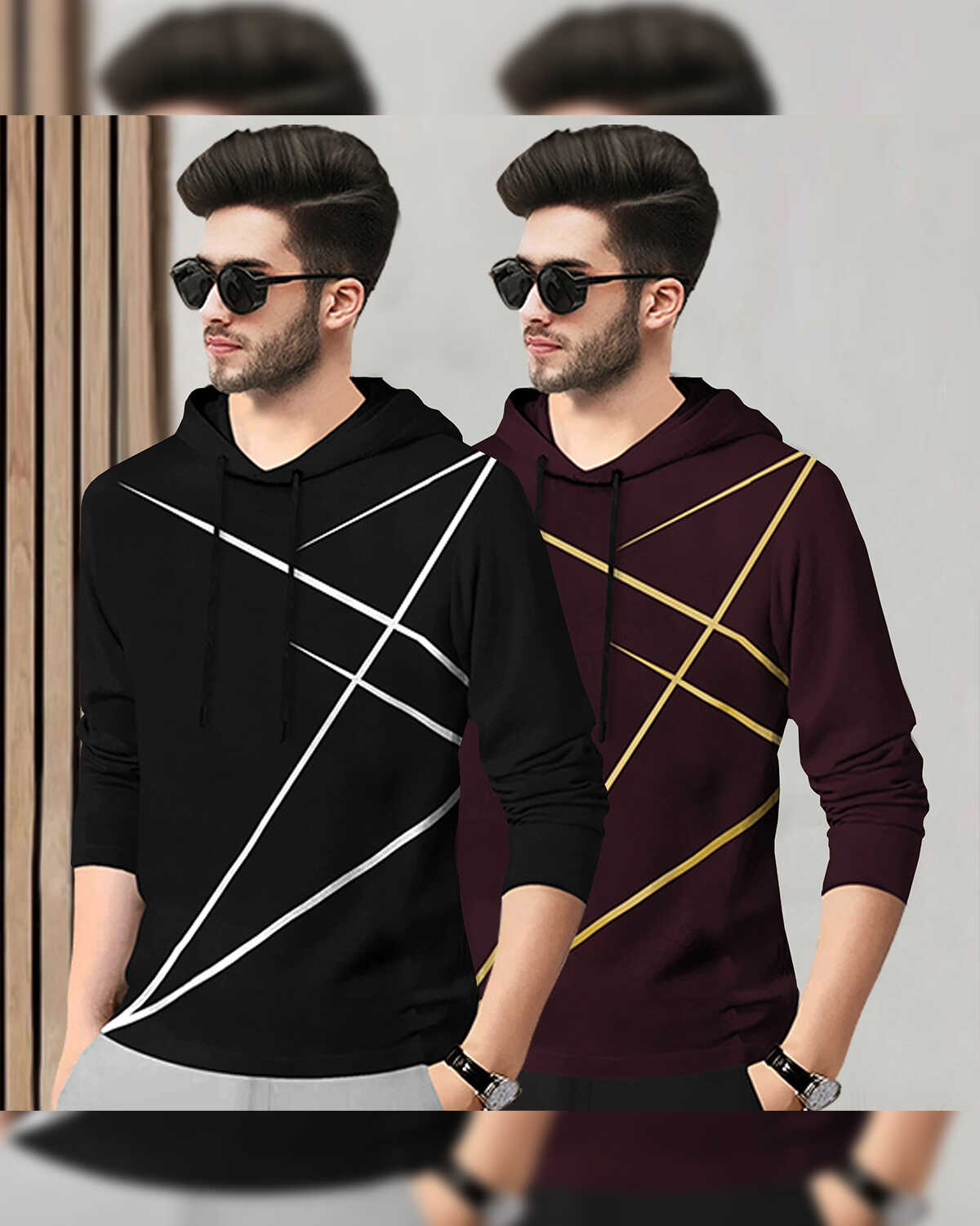 (Pack Of 2) Mens Full Sleeve Hooded Neck Printed T-shirt Black & Maroon