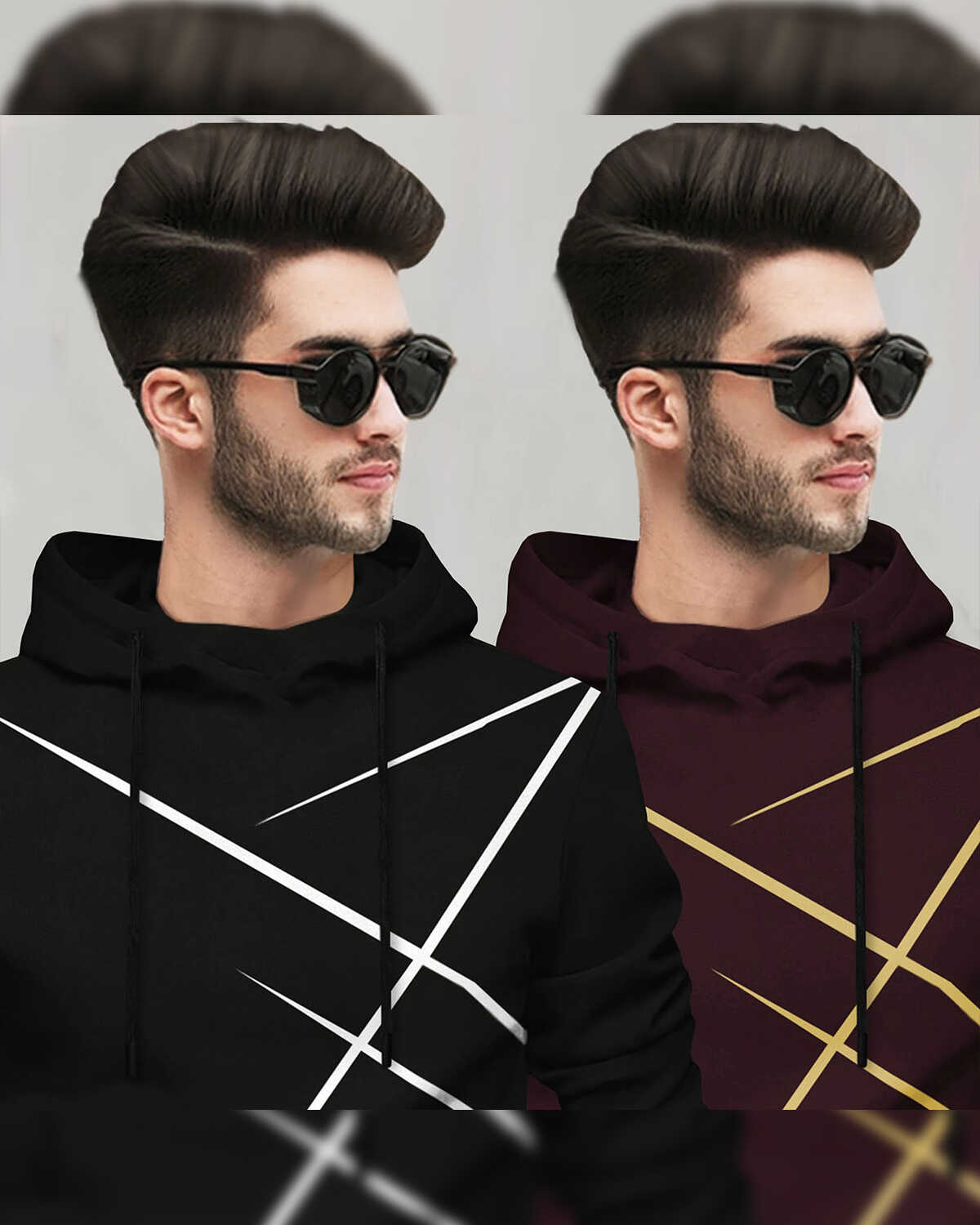 (Pack Of 2) Mens Full Sleeve Hooded Neck Printed T-shirt Black & Maroon