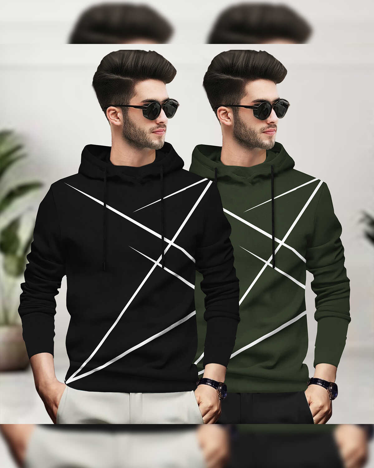 (Pack Of 2) Mens Full Sleeve Hooded Neck Printed T-shirt Black & Olive