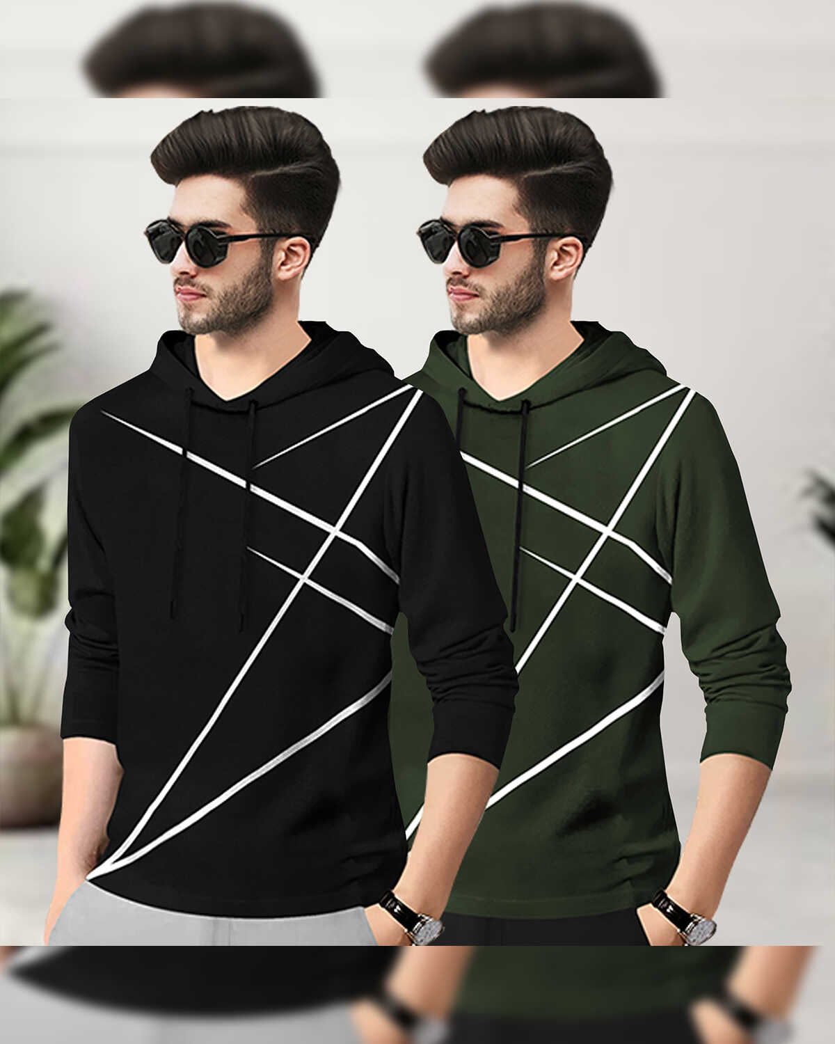 (Pack Of 2) Mens Full Sleeve Hooded Neck Printed T-shirt Black & Olive