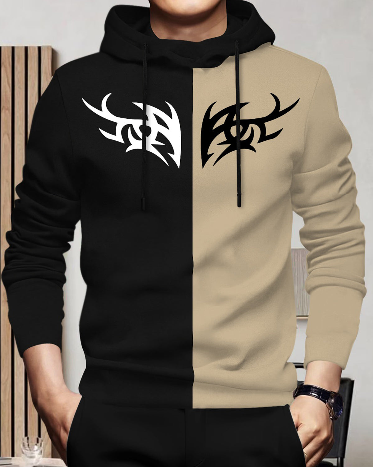 Mens Full Sleeve Hooded Neck Dual Color Printed T-shirt - 7 Variants