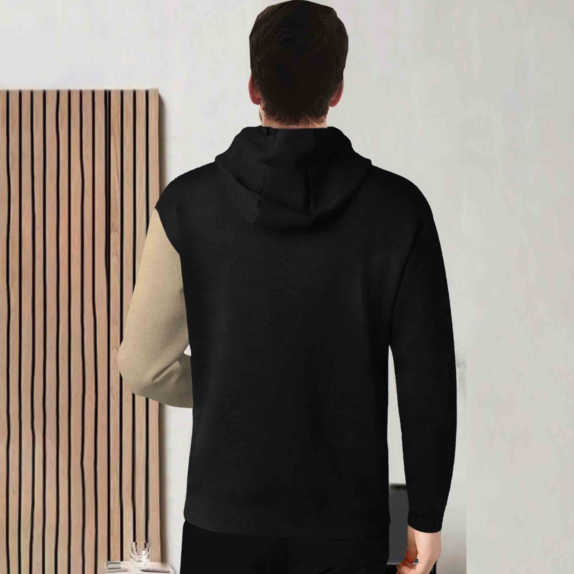 Mens Full Sleeve Hooded Neck Dual Color Printed T-shirt Black & Beige